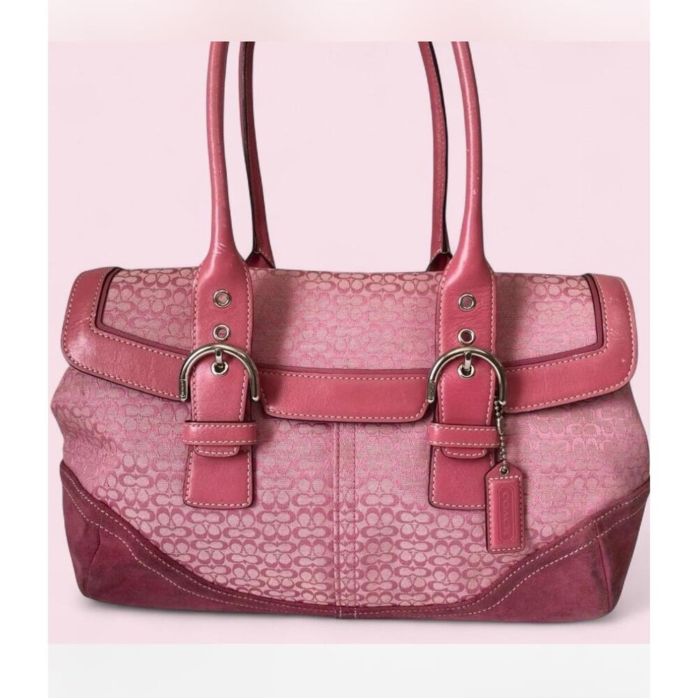 COACH 7080 Hand Bag Satchel Bag Canvas Leather Suede PINK